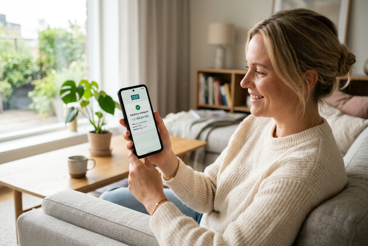 En person som håller i en smartphone och ser en notifikation om en inkommande banköverföring.